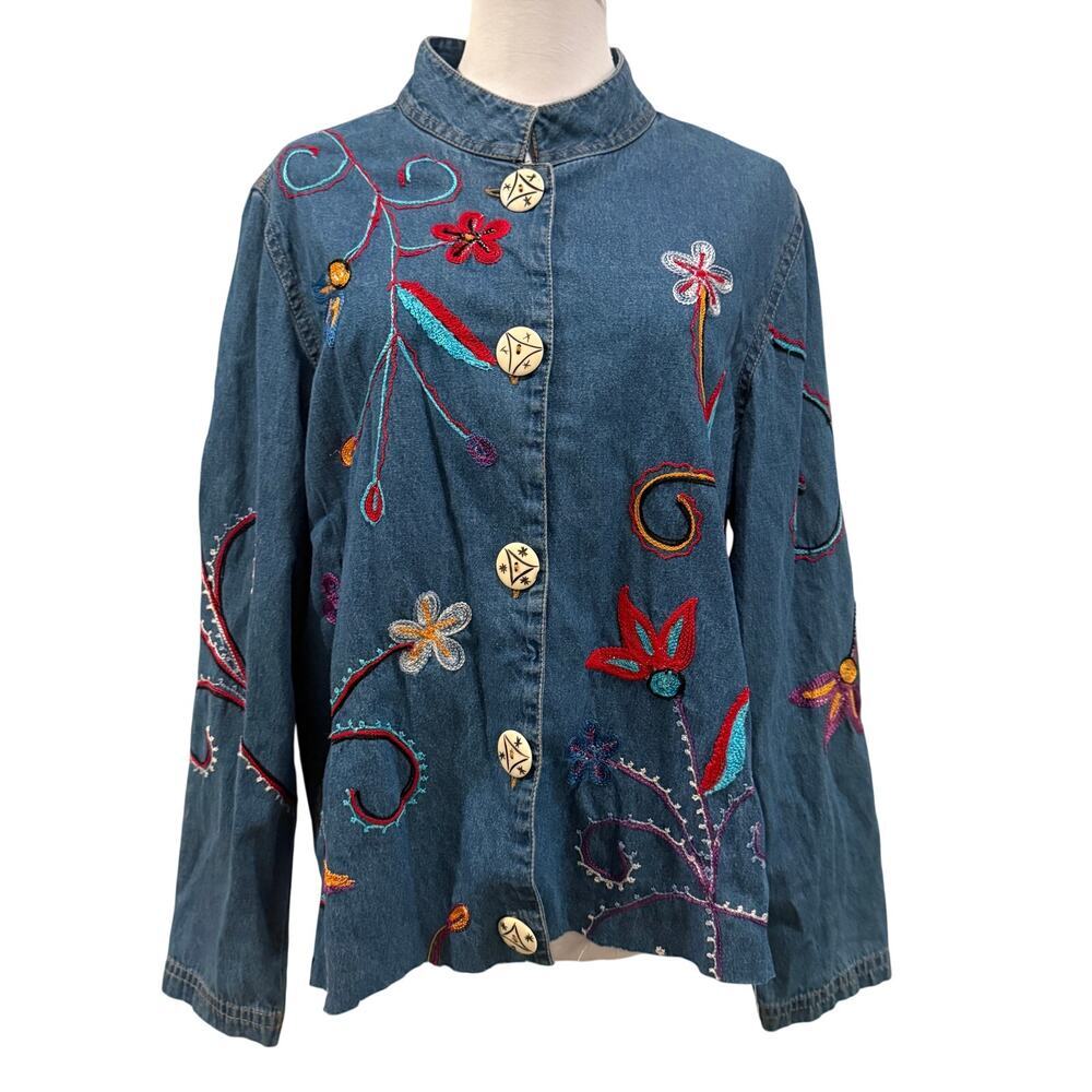 Indigo Moon Embroidered Denim Jacket Floral Boho Raw Hem Button Front Medium